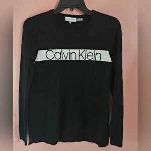 Calvin Klein Black Crewneck Sweater Women's XS White Stripe CK logo Side Slit